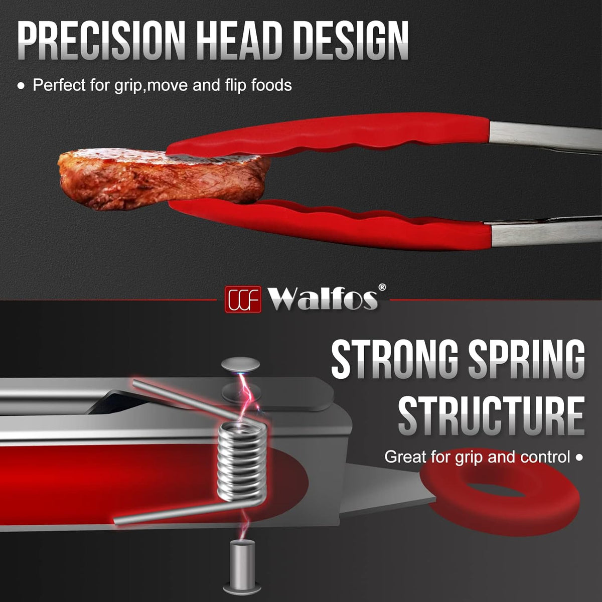 Walfos Kitchen Tongs - 7" 9" and 12" Heat Resistant Cooking Tongs, Stainless Steel and BPA Free Silicone Tips, Great for Cooking, Salad, Grilling, Turning, Dishwasher safe,set of 3