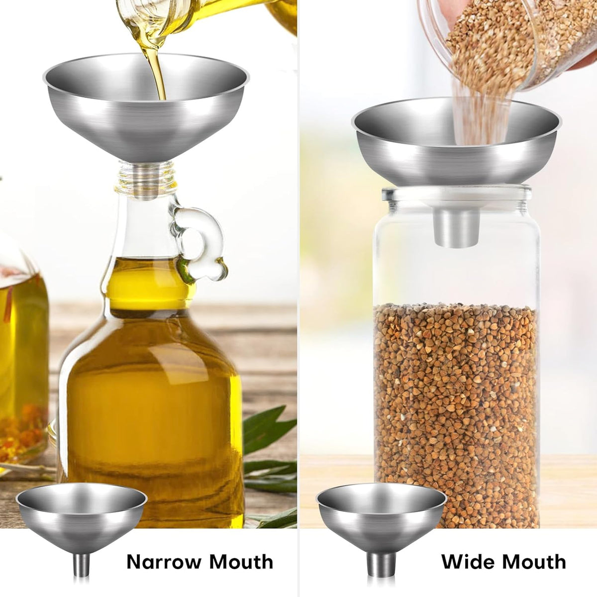 2-Piece Stainless Steel Kitchen Funnel Set with 1-Inch and 0.5-Inch Ports for Transferring and Filling Liquids, Coffee Beans, Spice Blends, and Powders Easy to Clean!
