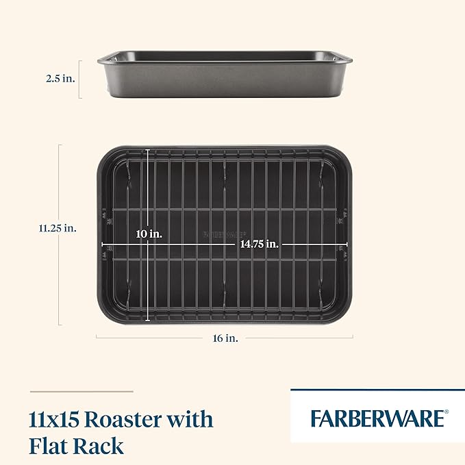 Farberware Bakeware Nonstick Steel Roaster with Flat Rack, 11-Inch x 15-Inch, Gray