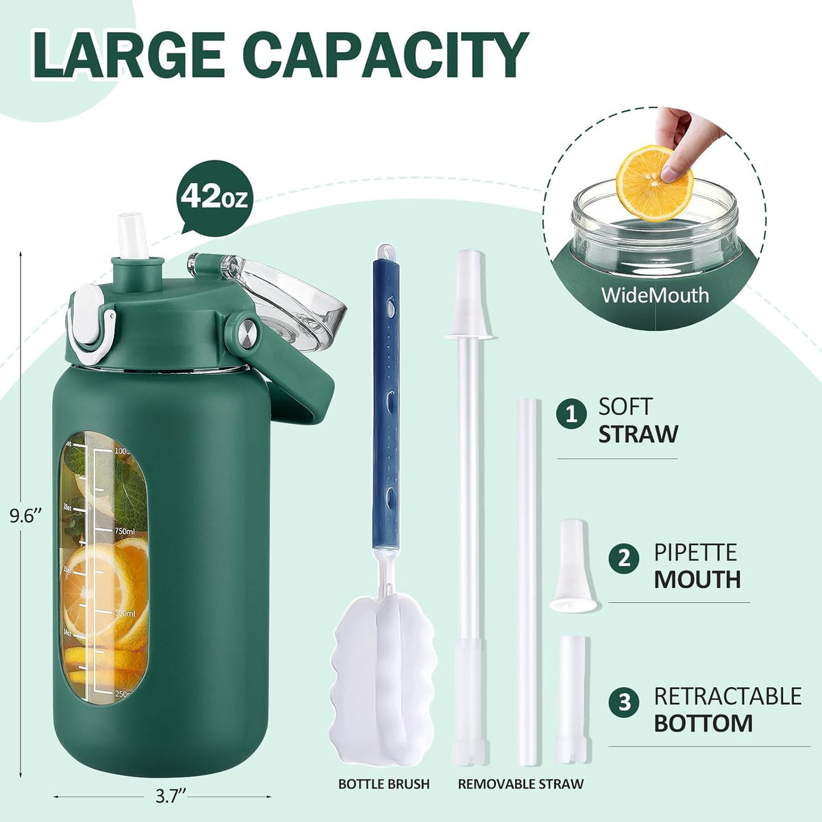 kytffu 42oz Glass Water Bottles with Straw, Motivational Glass Bottle with Silicone Sleeve and Time Marker, Leakproof Large Glass Water Jug for Gym Home Office, Ink green