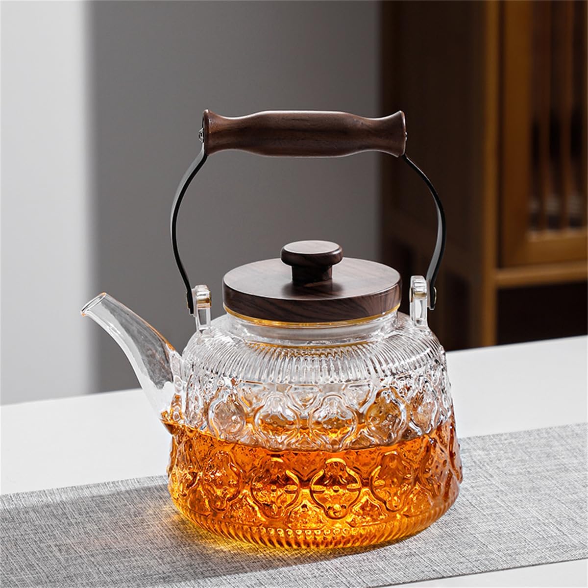 IwaiLoft Stovetop Safe Glass Teapot with Malus Spectabilis Pattern Removable Infuser Fine Borosilicate Tea Pot perfect for Fruit Flowering Tea Canister Premium Quality Tea Kettle Gift(Transparent)