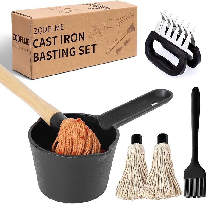 BBQ Mop Brush and Cast Iron Basting Pot - Grilling Tool Set with Basting Brush an Meat Shredder Claws for Meat Smoker, Grill and Stove(8pcs)