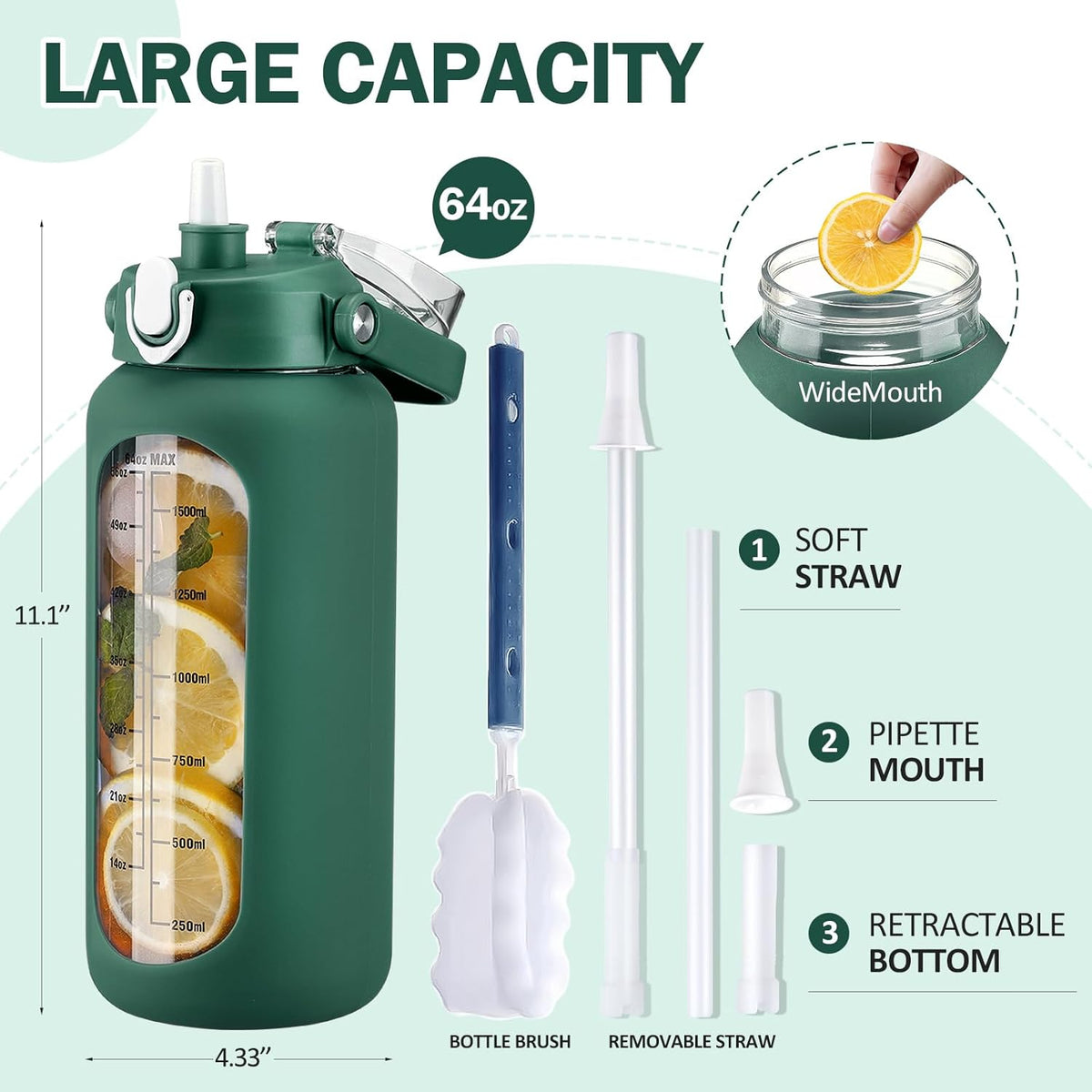 kytffu 64oz Glass Water Bottles with Straw, Half Gallon Motivational Glass Bottle with Silicone Sleeve and Time Marker, 2L Leakproof Large Glass Water Jug for Gym Home Office, Ink Green