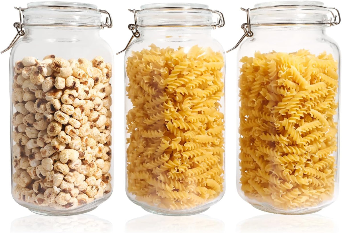 Glass Jars with Airtight Lid, Large Glass Food Storage Jars, 3 Pack Wide Mouth Airtight Glass Jars ffor Flour, Cereal, Coffee, Pasta and Canning(70OZ)