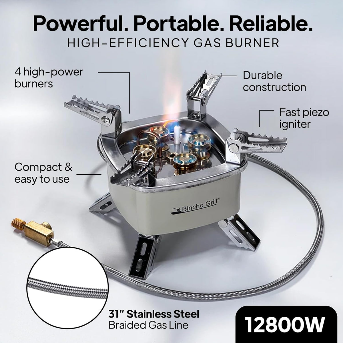 Charcoal Starter Gas Burner – 12,800W High Heat Mini Stove with 4 Heads – For Chimneys to Light Binchotan & BBQ Charcoal – Portable Propane/Butane Camping Stove with Piezo Ignition