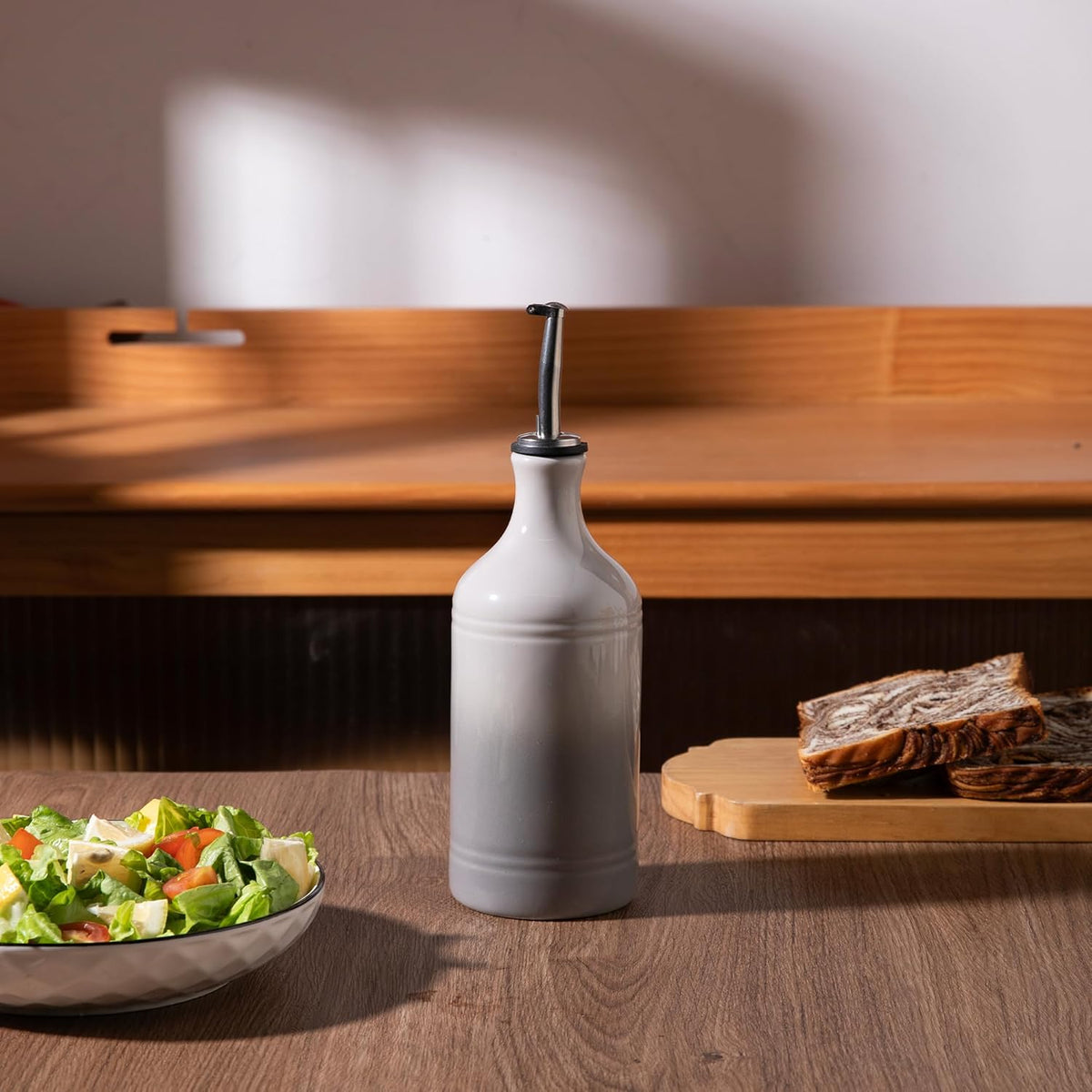 Sweejar Ceramic Olive Oil Dispenser Bottle, Opaque Oil Cruet Protects Oil to Reduce Oxidation, Suitable for Storage Vinegar, Coffee Syrups & Other Liquids, Pack of 1, 15.5 Fl Oz (Gradient Fog Gray)