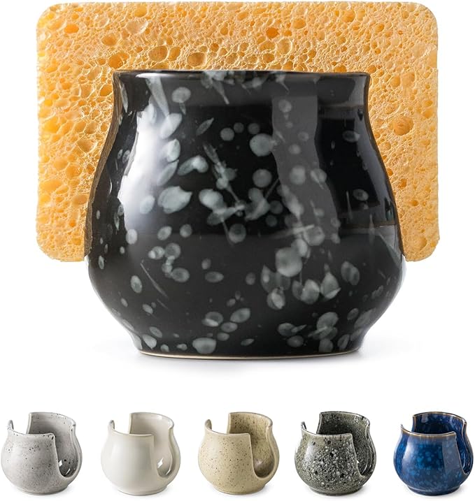 Kitchen Sponge Holder, Ceramic Dish Sponge Holder Kithen Sink Organizer Farmhouse Brush Holder Dish Rack for Bathroom, Kitchen, Sink, Black