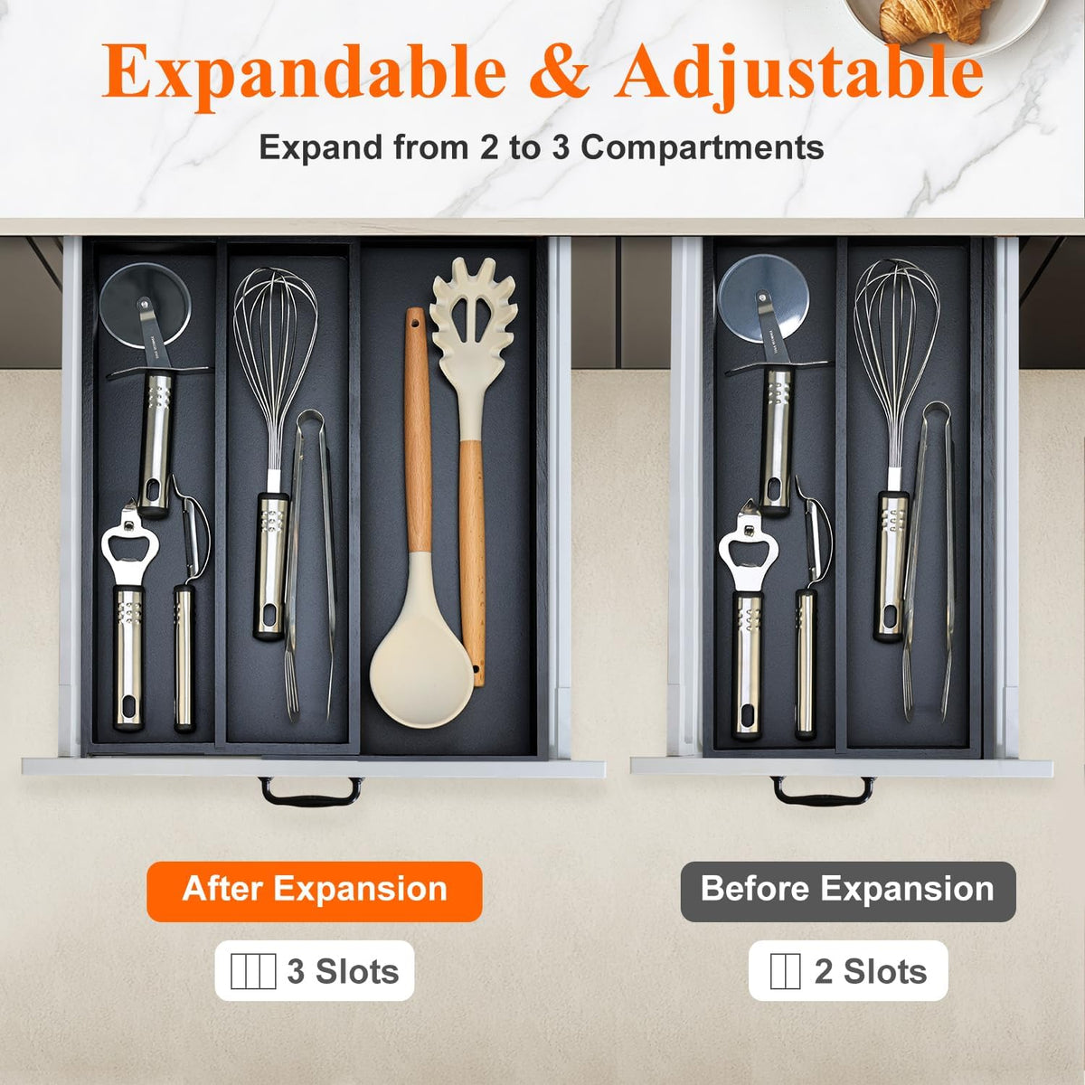 Bamboo Kitchen Tool Drawer Organizer Storage Black Cutlery Tray Expandable Silverware Drawer Divider Organizers Large Cooking Utensil Holder for Drawers Spoon Flatware Organizer Silverware Trays