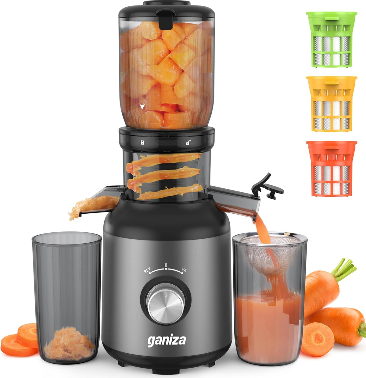 Ganiza Juicer Machines, Cold Press Juicer with 4.3" Large Feed Chute for Whole Fruits & Vegetables, Slow Masticating juicers with 3 Replace Filters for Batch Juicing, Easy to Clean, BPA Free (Black)