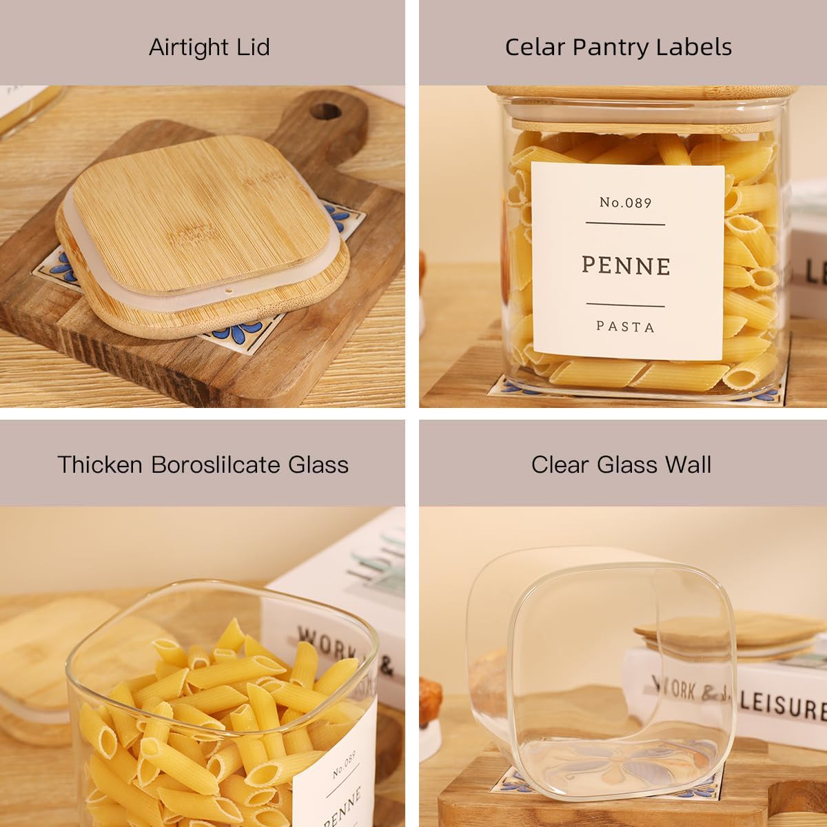 6 Pack Square Glass Pantry Storage Containers with 132 Kitchen Food Pantry Labels - 24 floz Clear Glass Pantry Jars with Airtight Wood Bamboo Lids - Glass Canisters for Sugar, Cereal, Coffee, Spice