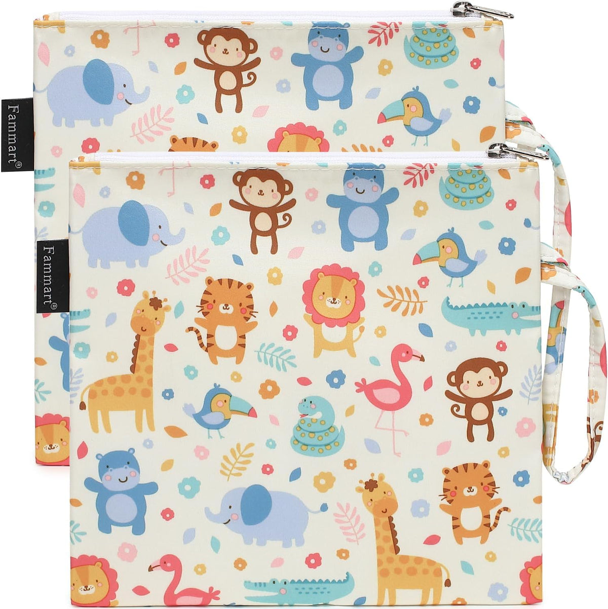 Reusable Sandwich Bag/Snack Bag for Kids & Adults, Dual Layer Lunch Bag with Handle, Washable, Food Safe, BPA Free (2-Pack, Zoo)
