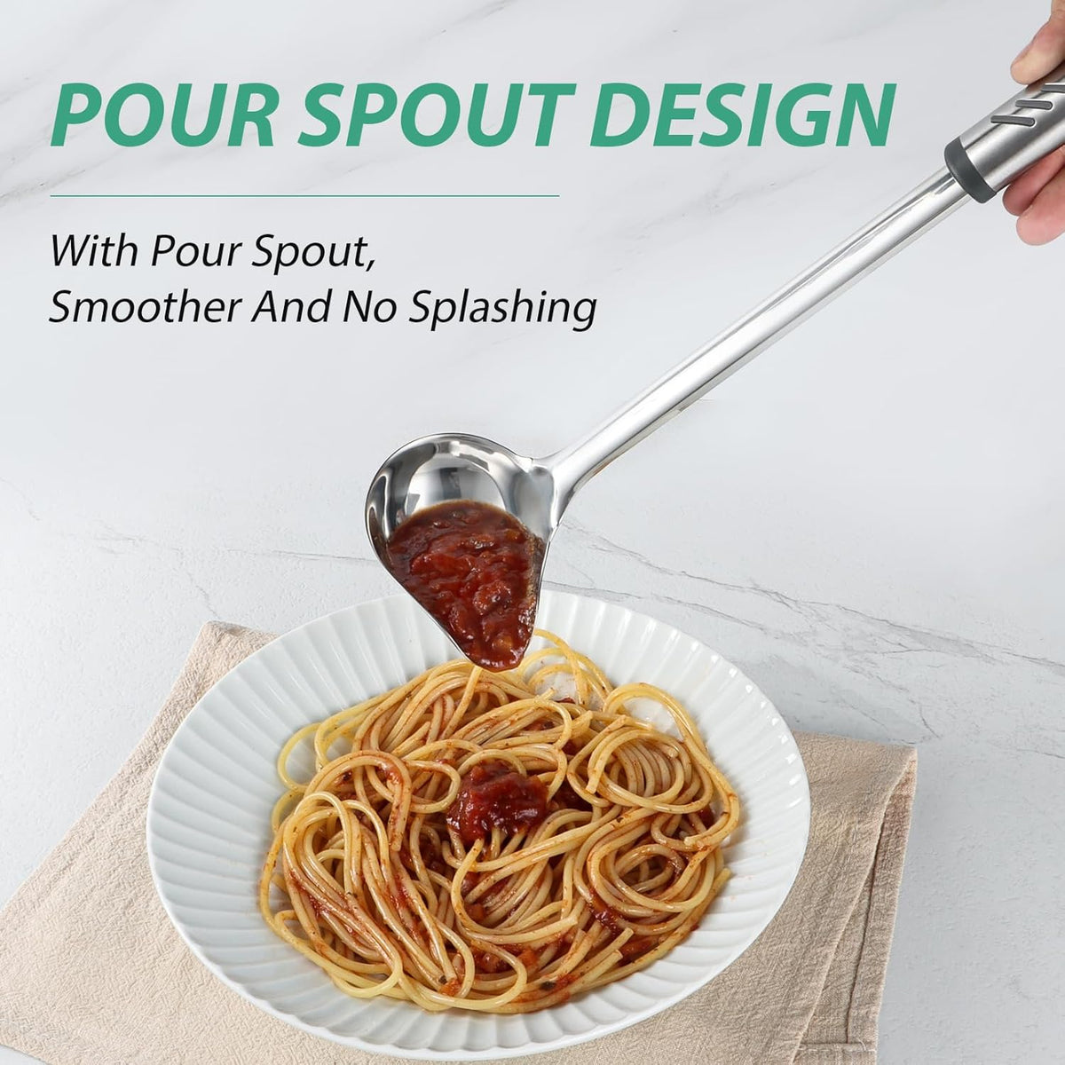 Gravy Ladle, 1 oz Small Ladles for Serving Sauce, Stainless Steel Sauce Ladle with Pouring Spout, 13.4 inch Drizzle Spoon for Gravies and Dressings, Durable Construction, Silver, KLB-ASB-123