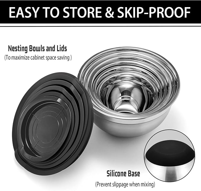 P&P CHEF Mixing Bowls With Lids, Set of 6, Stainless Steel Nesting Mixing Bowls & Fitting Lids & Non-Slip Silicone Bottom, Ideal for Mixing, Storing, Size 0.7/1/1.5/2.5/3/4.6 Qt, Black
