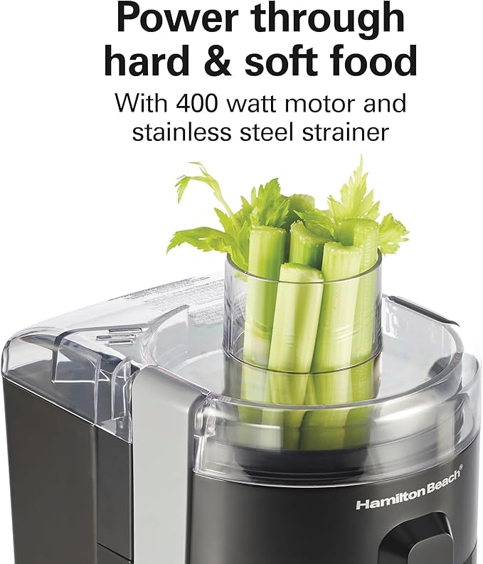 Hamilton Beach HealthSmart Juicer Machine, Compact Centrifugal Extractor, 2.4” Feed Chute for Fruits and Vegetables, Easy to Clean, BPA Free, 400W, Black and Gray (67502)