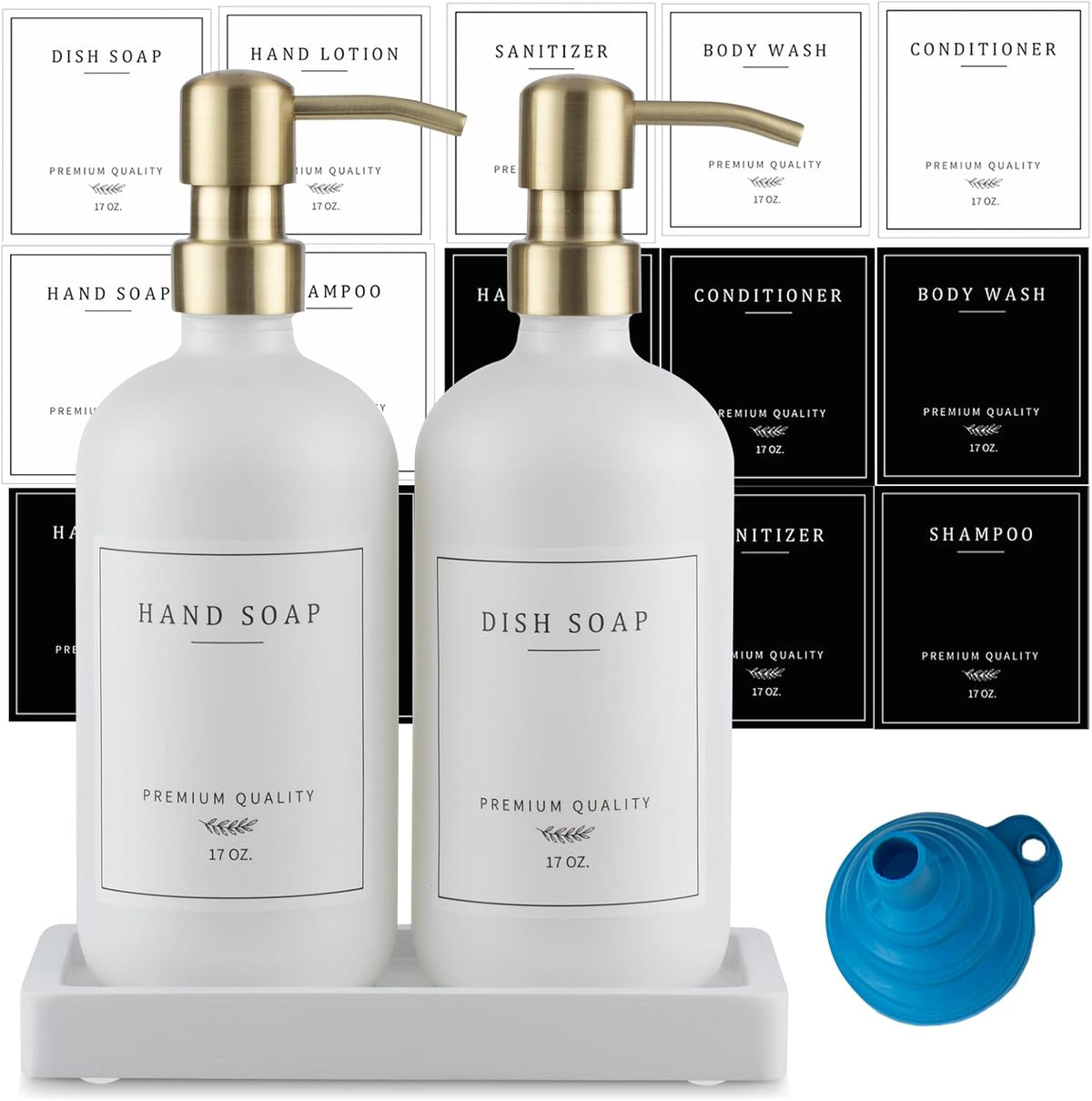 Thick Glass Soap Dispenser - Kitchen Dish Hand Soap Dispenser Set,Rustproof Pump Soap Lotion Dispenser Bathroom with Tray,14 Stickers for Kitchen Decor White Bottle/Gold Pump