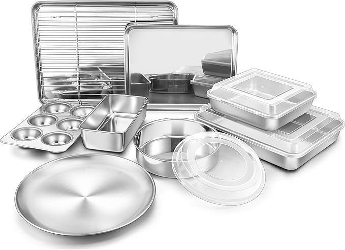 TeamFar Stainless Steel Bakeware Sets, Baking Sheet with Rack, Toaster Oven Pan & Pizza Pan, Lasagna Pan with Lids, Square & Round Cake Pan with Lids, Muffin & Loaf Pan, Healthy