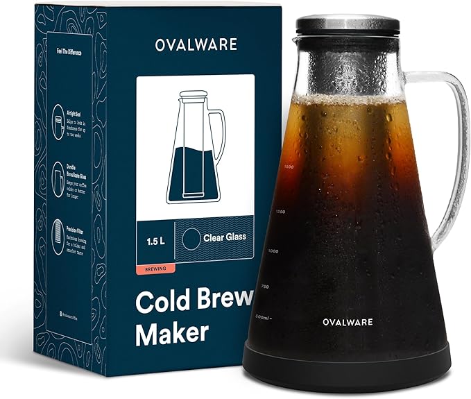 OVALWARE Airtight Cold Brew Iced Coffee Maker Pitcher (& Iced Tea Maker) with Spout – 1.5L/ 51oz Brewing Glass Carafe with Removable Stainless Steel Filter