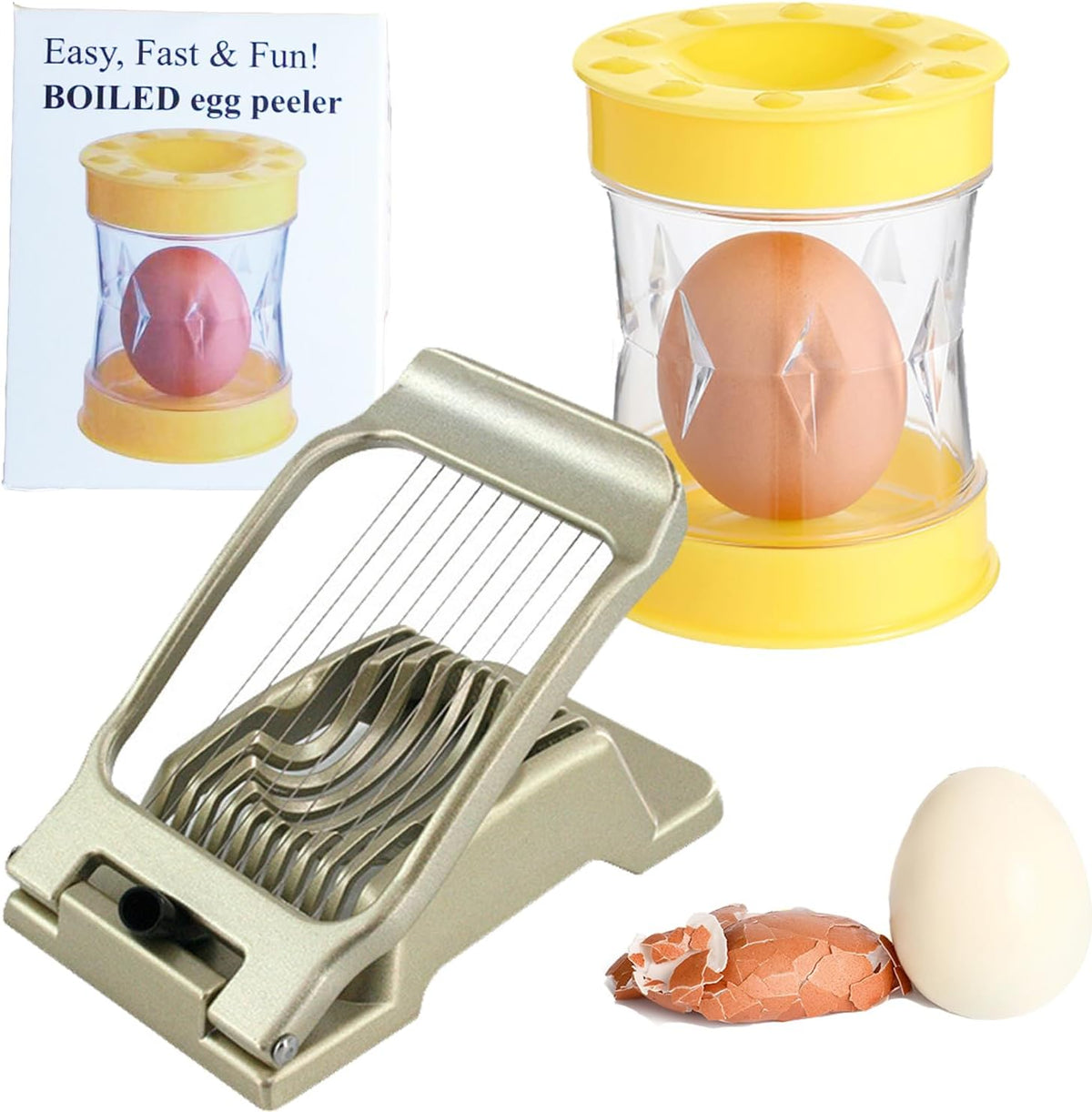Egg Slicer for Hard Boiled Eggs, Heavy Duty Metal Stainless Steel Aluminum Alloy Egg Cutter for Egg Strawberry Mushroom Hot Dog Soft Fruit Kitchen Tool (Peeler+Slicer (Yellow & Gold))