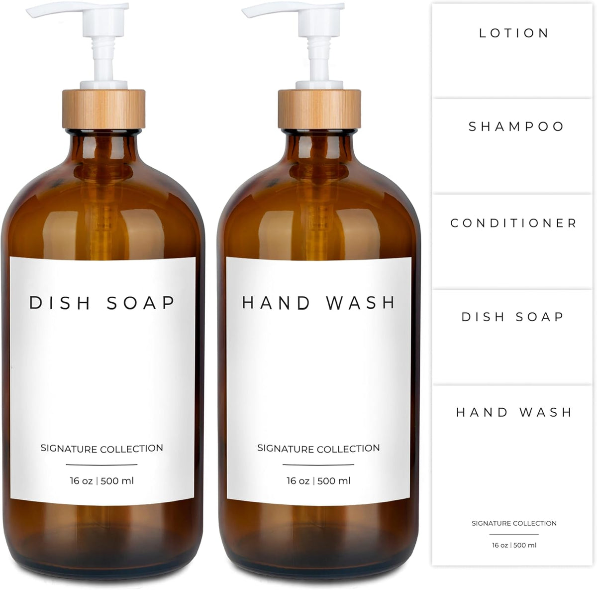 Emerson Glass Soap Dispenser Set - Kitchen & Bathroom, 16 Oz, 2 Pack with Pump and Labels