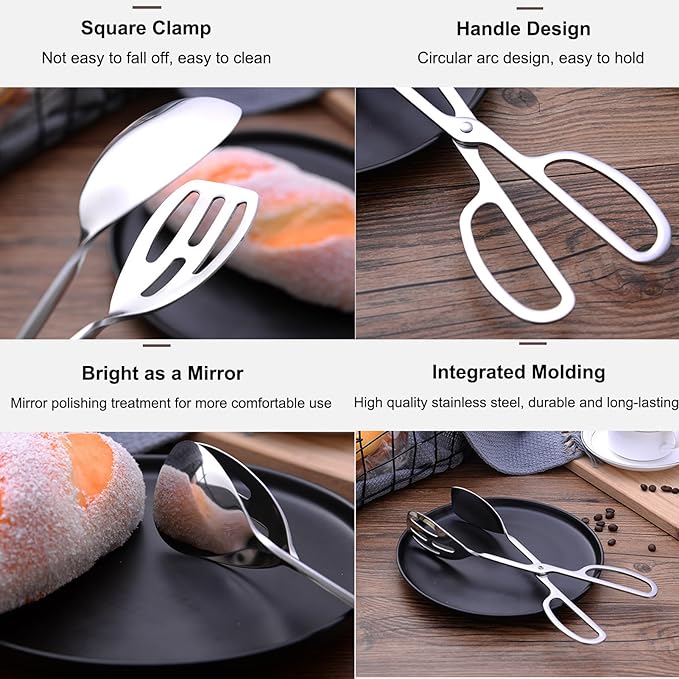 2 Pack Food Tongs, Stainless Steel Kitchen Tongs Salad Tongs 10 Inch Serving Tongs Bread Tongs for Cooking, Barbecue, Pastry, Sandwich, Ice, Buffet Party Catering(Silver)