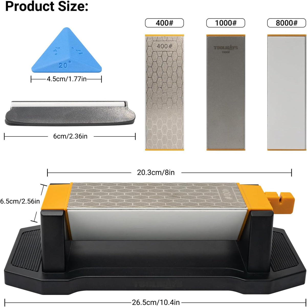 TOOMAYS Sharpening Stone 3 Side Grit 400/1000/8000, Premium Industrial Diamond & Ceramic, Knife Sharpener Stone with Triangle Locator, Angle Guide and Non-Slip Base (3 Side Grit 400/1000/8000)