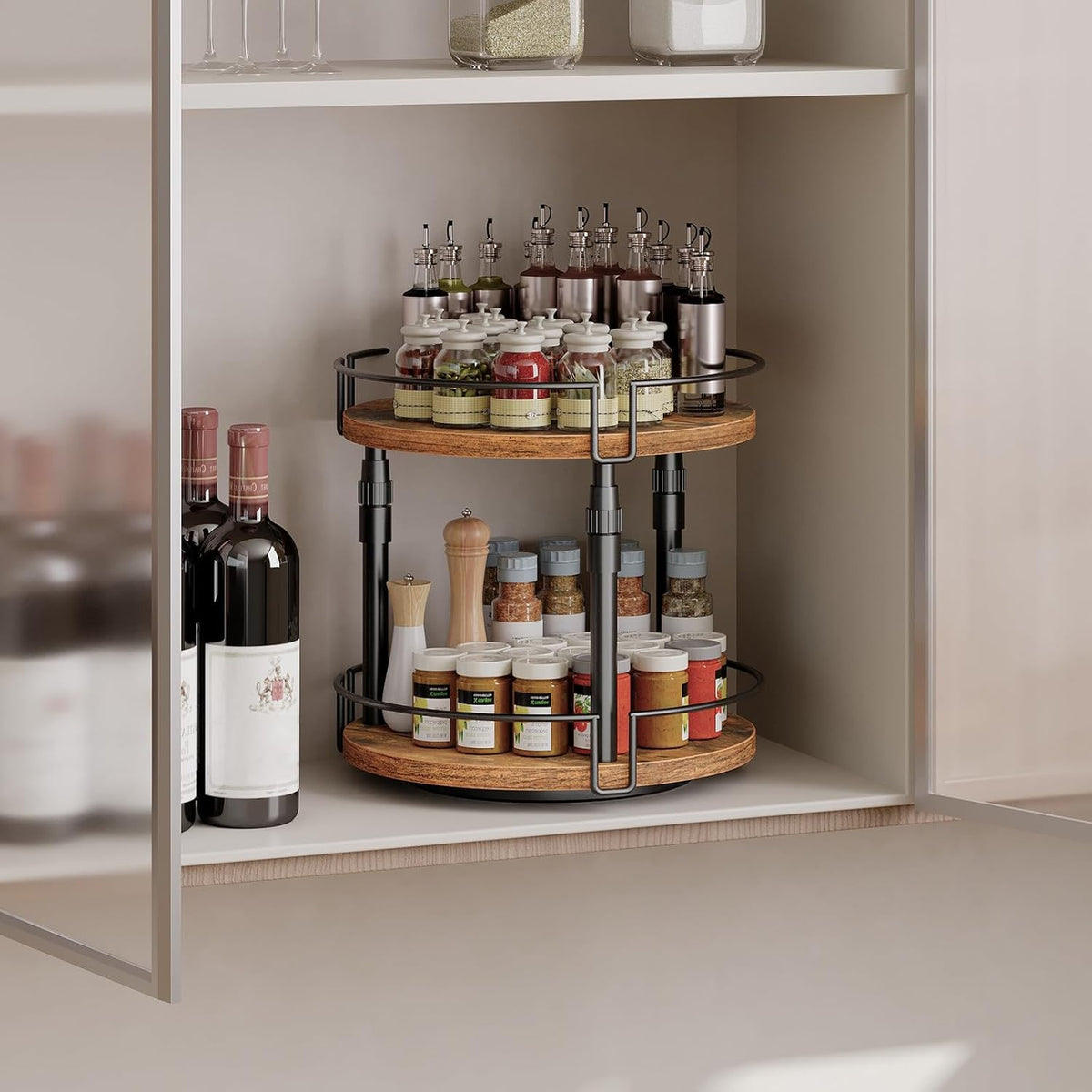 HOOBRO Lazy Susan Organizer Spice Rack, 2-Tier Height Adjustable Rotating Lazy Turntable Spice Organizer, for Kitchen Countertop and Cabinet, Rustic Brown BF05TL01