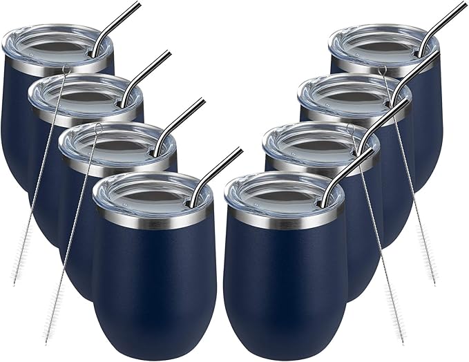 MEWAY 12oz/8 Pack Wine Tumbler Glasses with Lid - Stemless Double Wall Vacuum Stainless Steel Travel Tumbler - Keeping Cold & Hot for Wine,Coffee,Cocktails,Drinks-Family and Gifts (Navy,Set of 8)