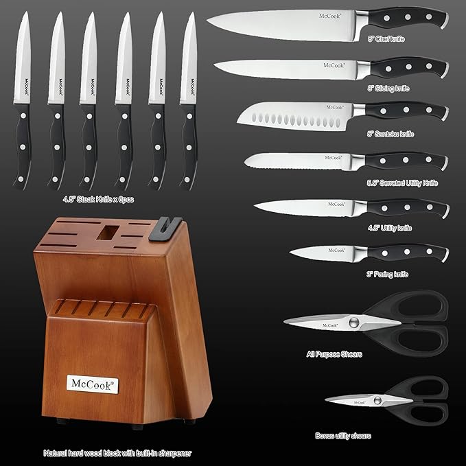 McCook® Knife Sets, German Stainless Steel Kitchen Knives Set with Built-in Sharpener and Wooden Block