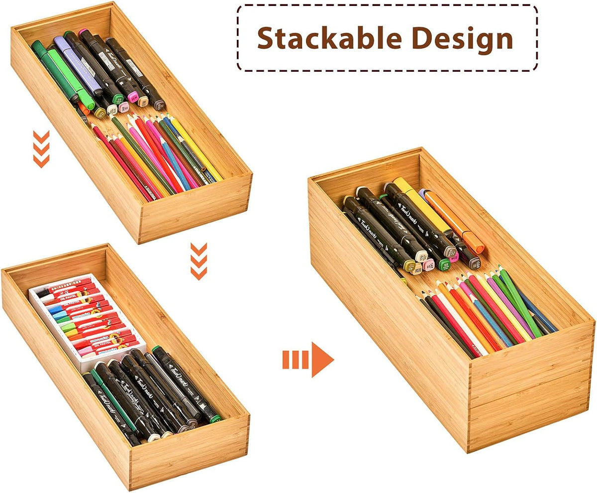 Umilife Bamboo Kitchen Drawer Organizer Boxes with Anti-Skid Silicone Feet, 2pcs Stackable Storage Bins for Kitchen Utensils & Silverware & Desk Drawer & Makeup, Tools Holder, 15”L x 6”W x 2.5”D Each