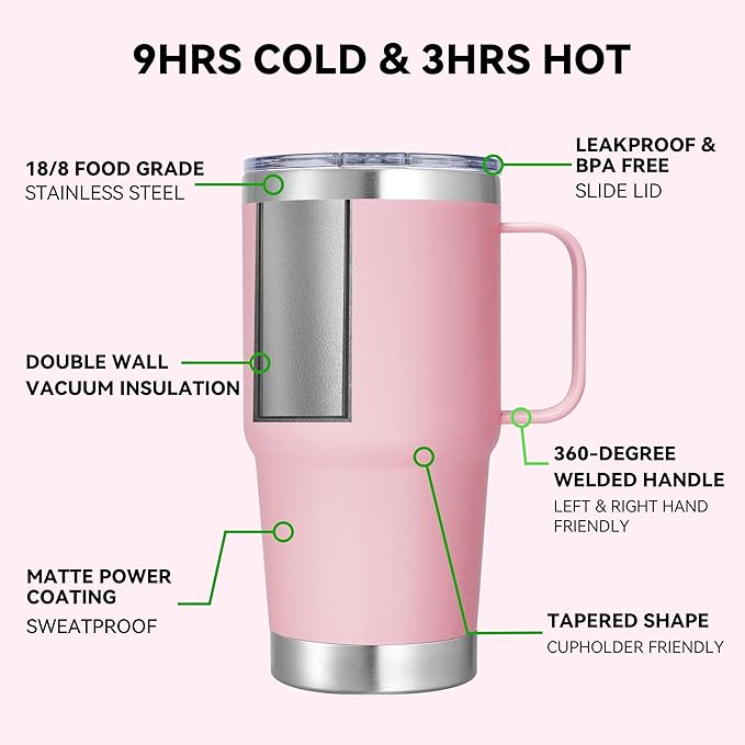 20 oz Stainless Steel Tumbler with Handle Metal Insulated Coffee Travel Mug with Handle Double Wall Tumbler Cup with Handle and Lid, Pink 1 Pack