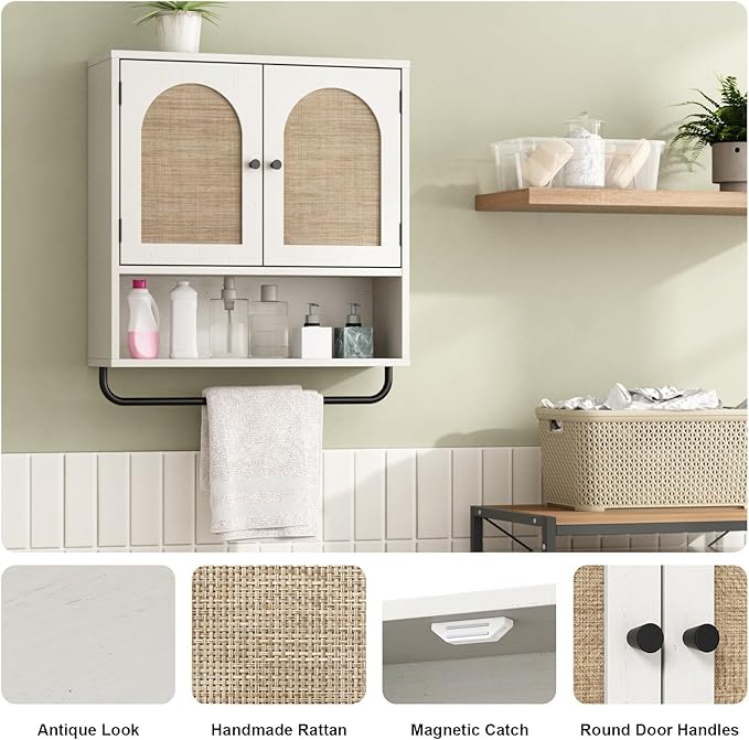 RUSTOWN Rattan Bathroom Wall Cabinet, Boho Medicine Cabinet with 2 Arched Doors, Farmhouse Over The Toilet Storage Cabinets with Adjustable Shelves & Towel Bar, 3-Tier Wall Mounted Cabinets