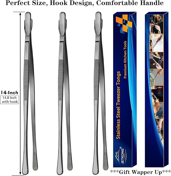 JETKONG 3 Pcs 14-Inch Long Stainless Steel Thin Tongs Heavy Duty Kitchen Cooking Tweezers Tongs (14 14 14 Inch, Black)