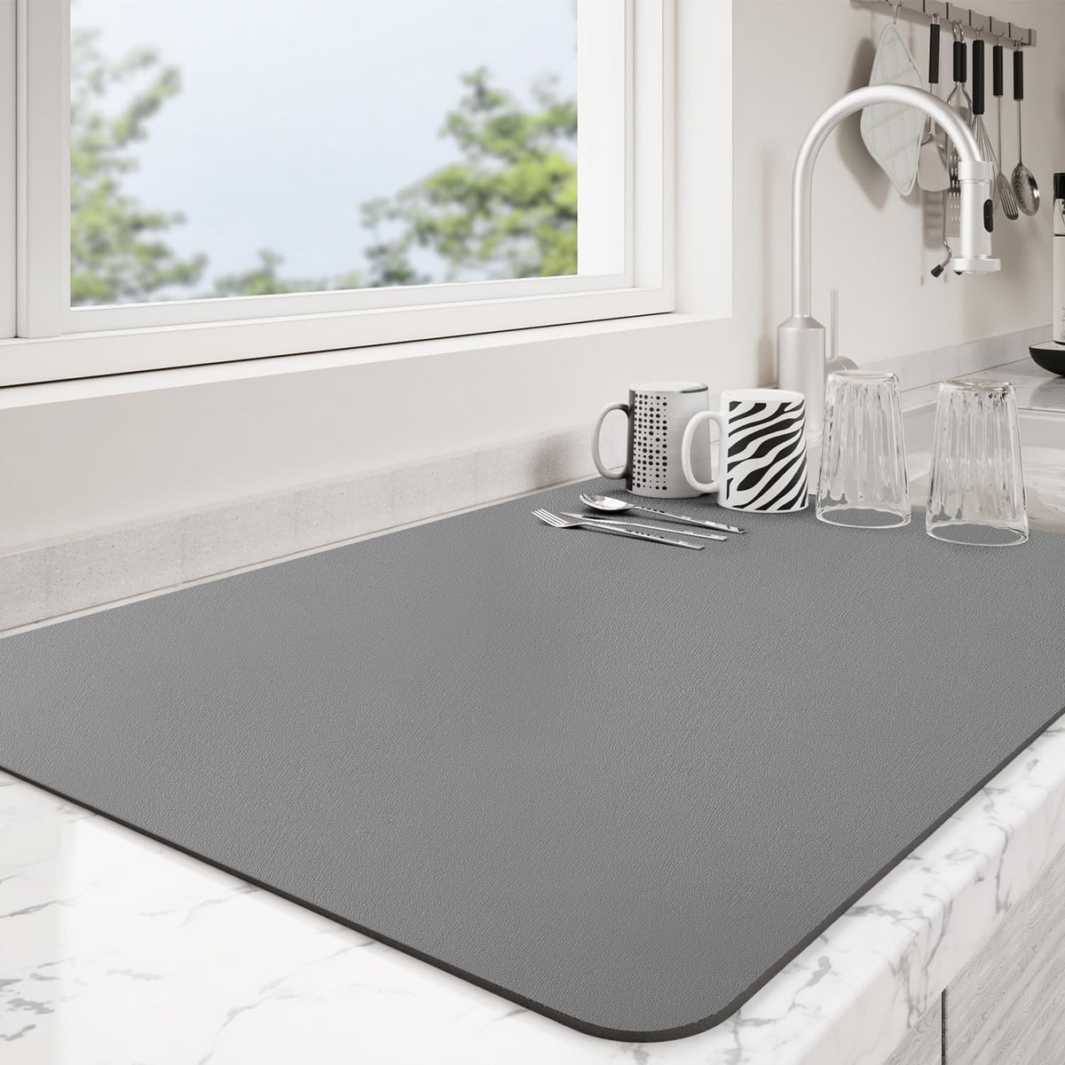 Dish Drying Mat for Kitchen Counter | Coffee Bar Mat for Countertops | Heat Resistant Drainer Mat with Non-slip Rubber Backed | Hide Stain Kitchen Absorbent Draining Mat | Dark Grey 18"x28"