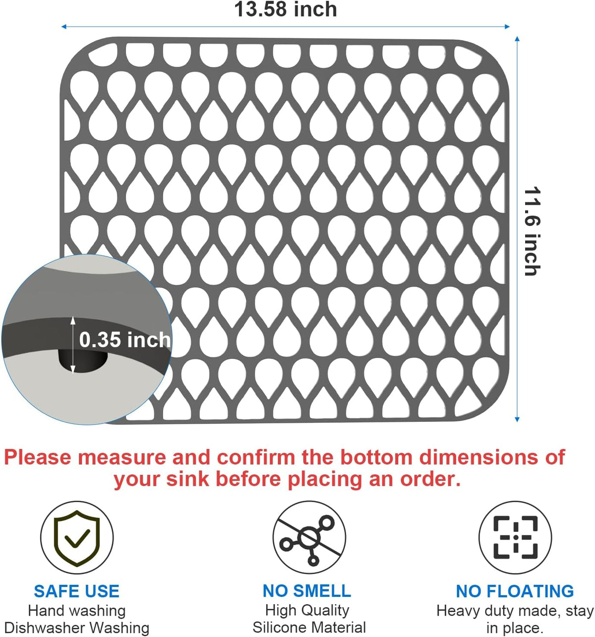 Sink Protectors for Kitchen, 1PCS TOOVEM 13.6"x11.6" Kitchen Sink Mats Large Grid for Bottom of Farmhouse Heat Resistant Silicone Grey