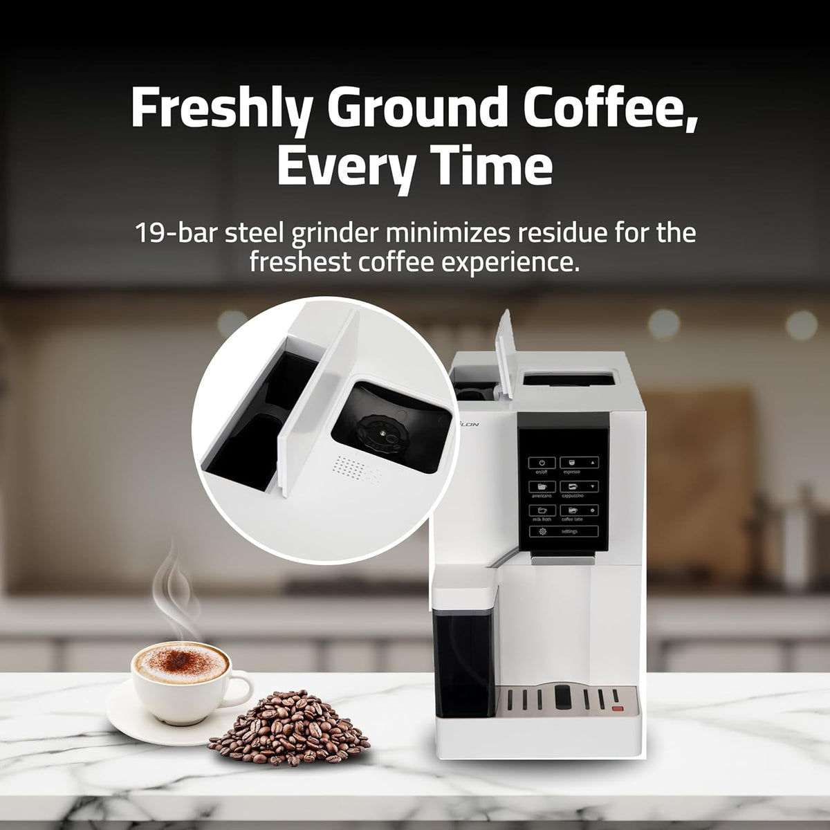 Epsilon Fully Automatic Coffee Machine, Modern One Touch Espresso Machine, Integrated Milk Frother and Custom Brewing Cafe Maker, Compact Countertop Size, Self Cleaning Cafetera (White)