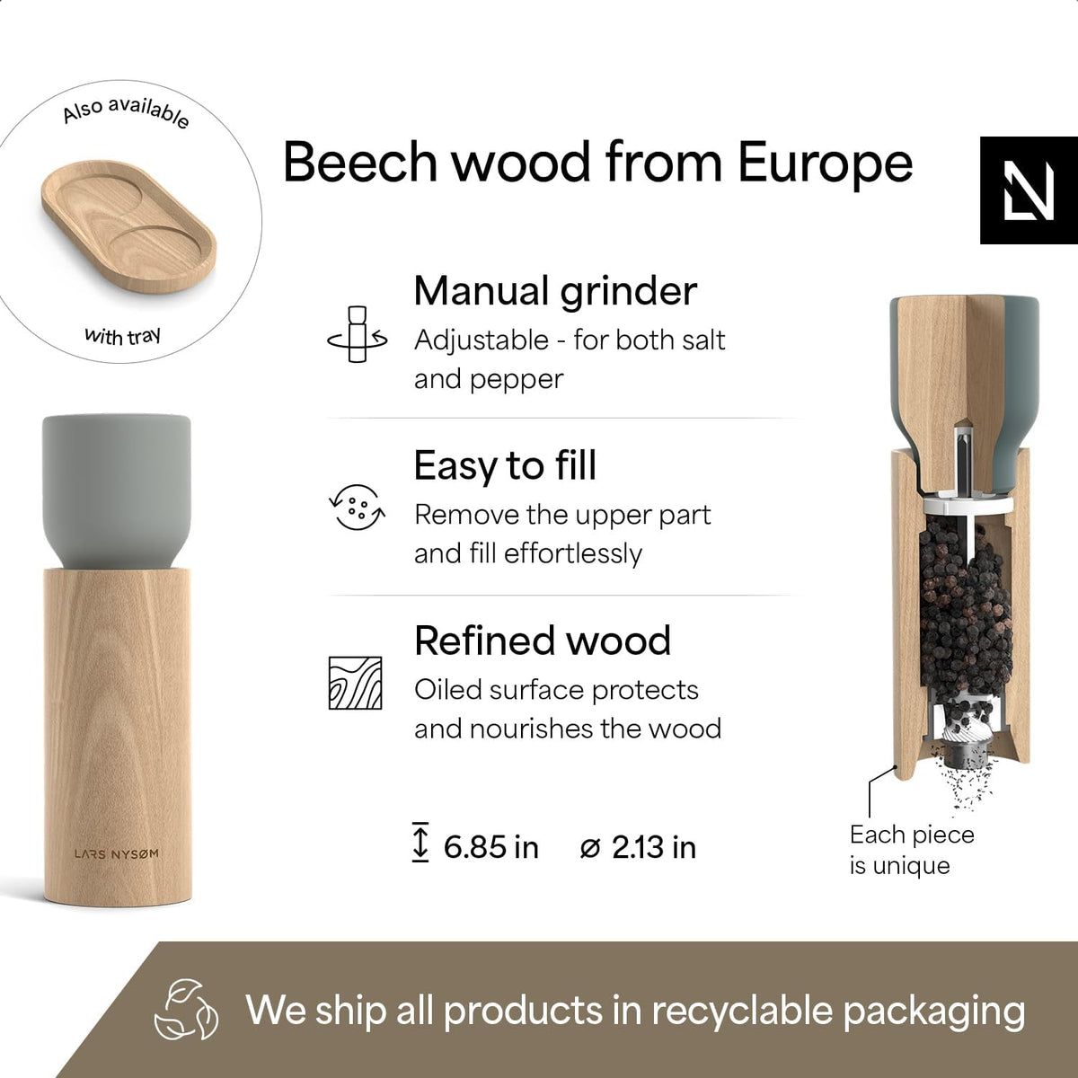 LARS NYSØM Wooden Salt and Pepper Grinder Set Manual - Salt and Pepper Mills with Adjustable Ceramic Grinder - Elegant Beechwood Pepper and Salt Mill Set for Dining Table (Blue/Gray)