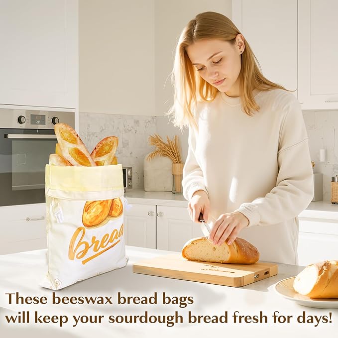 Adjustable Bread Slicer with Knife & Reusable Beeswax Storage Bags, Foldable Wood & Steel Slicing Guide for Homemade Sourdough Loaves up to 6.3”, Easy-Clean Detachable Fresh-Keeping Bags, 2-Pack Bundl