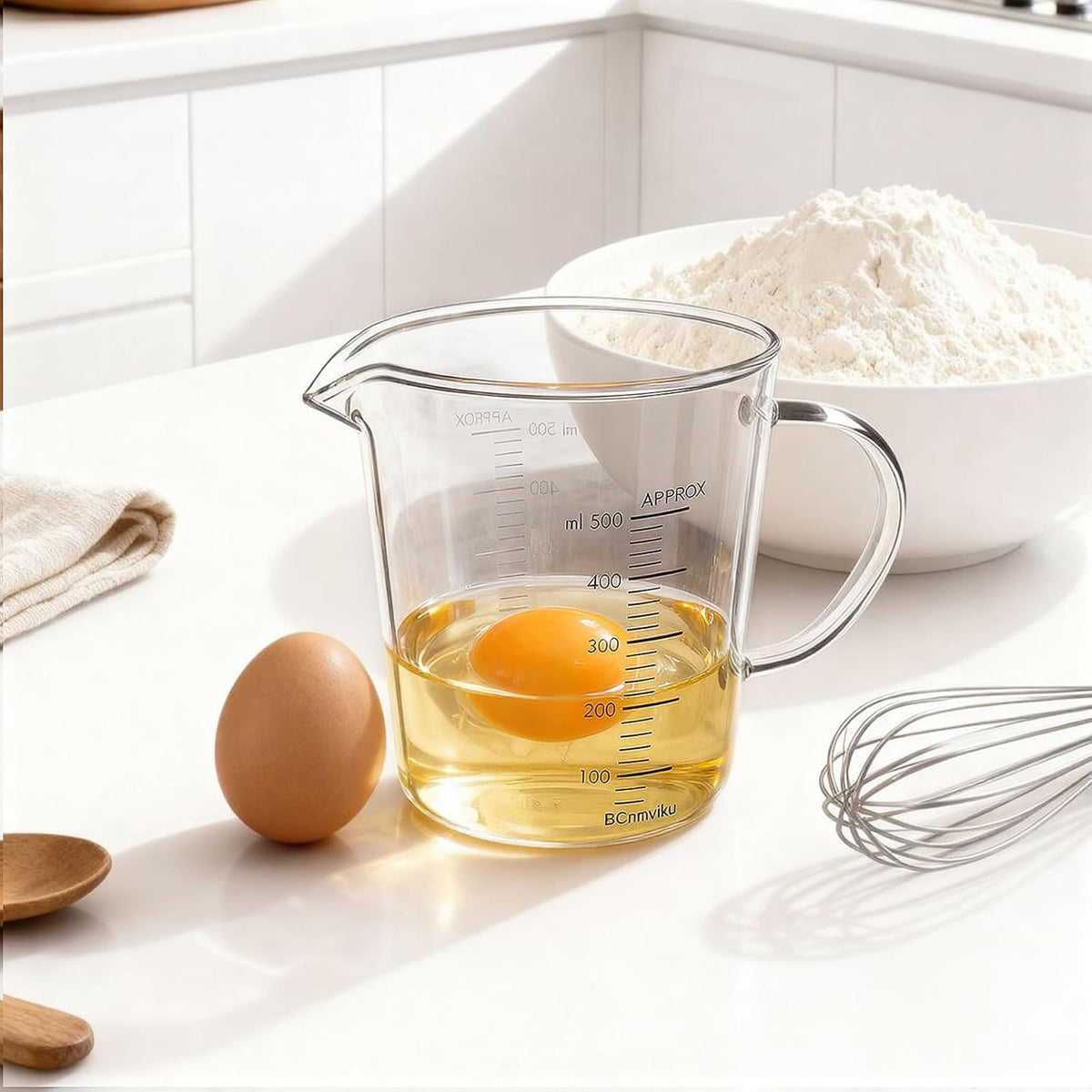 BCnmviku Glass Measuring Cups High Borosilicate [Insulated Handle | V-Shaped Spout]For Prepping Baking and Cooking Preheated Oven Dishwasher Freezer and Microwave Safe (500ml)