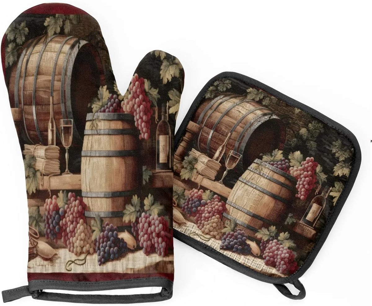 Vintage Wine and Ripe Grapes Oven Mitts and Pot Holders Sets, 2 Pcs Decorative Kitchen Oven Glove for Cooking