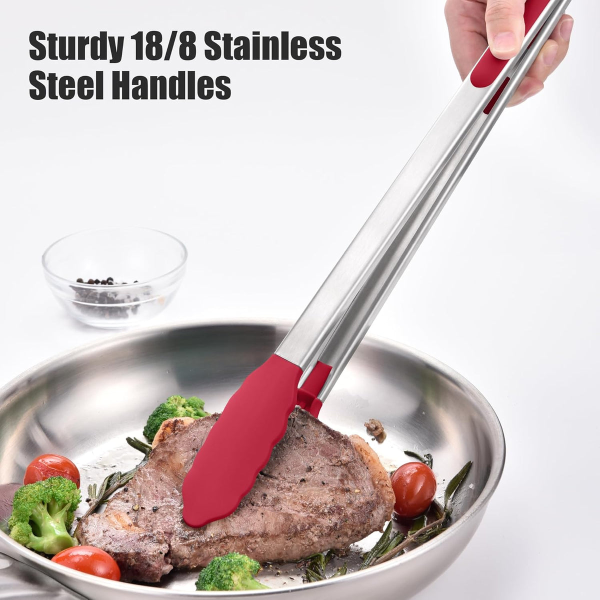 Doosu Kitchen Tongs for Cooking - 600°F Heat Resistant Food Tong with Non-Scratch Silicone Tips, Heavy Duty Stainless Steel Locking Tong for BBQ, Grilling Steak, Serving Salad, Pasta (16in, Red)