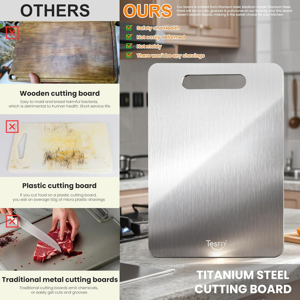 2 Pack Titanium Cutting Board - 100% Pure Titanium Cutting Boards For Kitche,Easy to clean, Double-sided food-grade Cutting Board For Meats, Fruits And Vegetables (M+L)