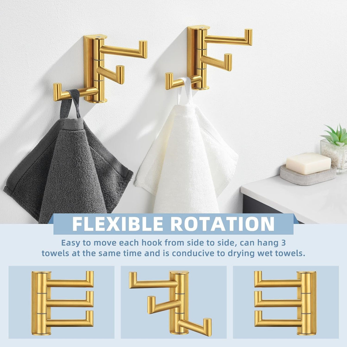 Suyar Bathroom Towel Hook Brushed Gold, SUS 304 Stainless Steel Swivel Coat Robe Holder 3 Foldable Arms, Rotating Wall Hook, 2 Pack
