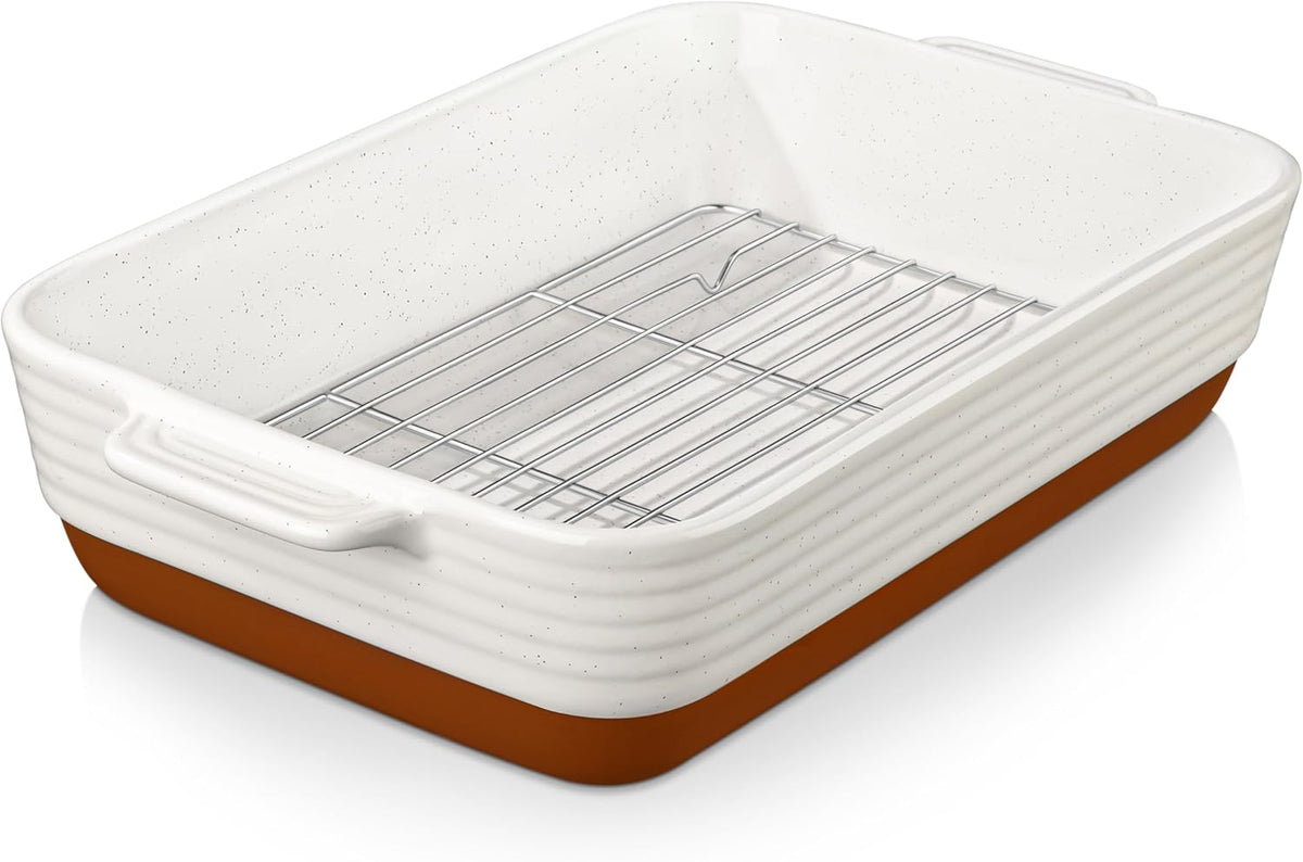 MALACASA Baking Dish with Rack, 4.8 Qt Ceramic Roasting Pan with Stainless Steel Drip Rack, 9x13 Inch Deep Casserole Dish with Handles, Oven Safe Lasagna Pan for Baking & Serving (Khaki & White) - Series Tara