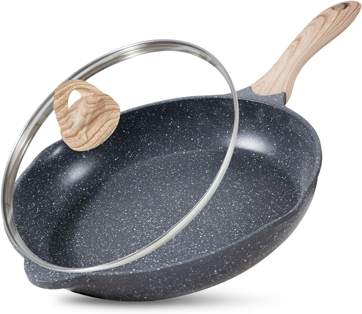 JEETEE Nonstick Frying Pans Skillet with Lid, 12.5" Granite Non-Stick Frying pan, Aluminum Pans with Bakelite Handle, Compatible with All Stovetops (Gas, Electric & Induction), Grey