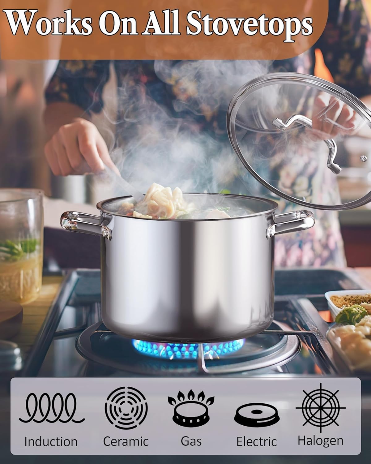 Cook N Home Stainless Steel Stockpot with Lid 7 Quart, Tri-Ply Clad Dutch Oven Soup Pot, Induction Cooking Pot, Silver