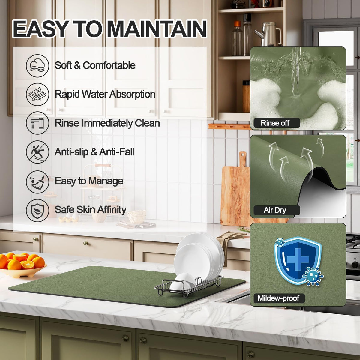Dish Drying Mat for Kitchen Counter | Coffee Bar Mat for Countertops | Heat Resistant Drainer Mat with Non-slip Rubber Backed | Hide Stain Kitchen Absorbent Draining Mat | Green 18"x28"