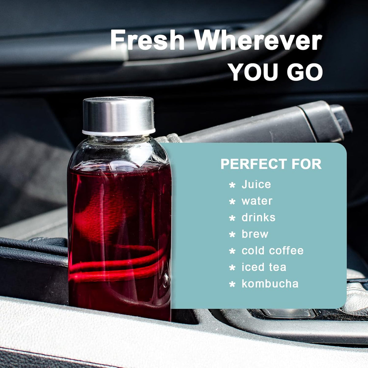 Clear Glass Bottles with Lids 18 oz, Reusable Glass Water Bottles with Stainless Steel Cap for Juicing, Refrigerator,100% Leak Proof, BPA Free, Juice Water Bottle Set of 10