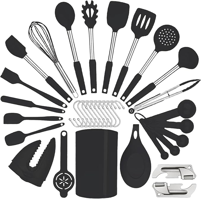Silicone Kitchen Cooking Utensils Set with Stainless Steel Handle, Spatula Set Utensil Set, Cooking Utensil Set,Kitchen Tools Gadgets for Nonstick Cookware (35, Black)