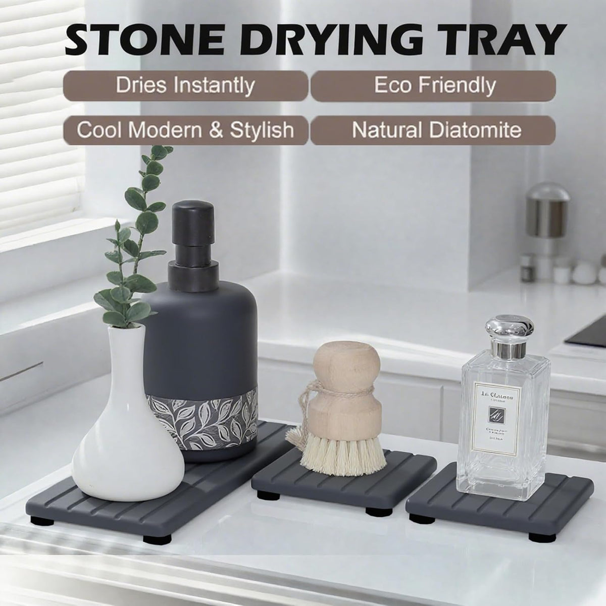 3PCS Stone Drying Tray, Stone Soap Tray, Water Absorbing Stones Trays for Sink, Fast Dry Diatomite Stones Sink Mat, Used for Hand Soap,Sponge,Toothbrush Holder in Bathroom Counter and Kitchen Sinks