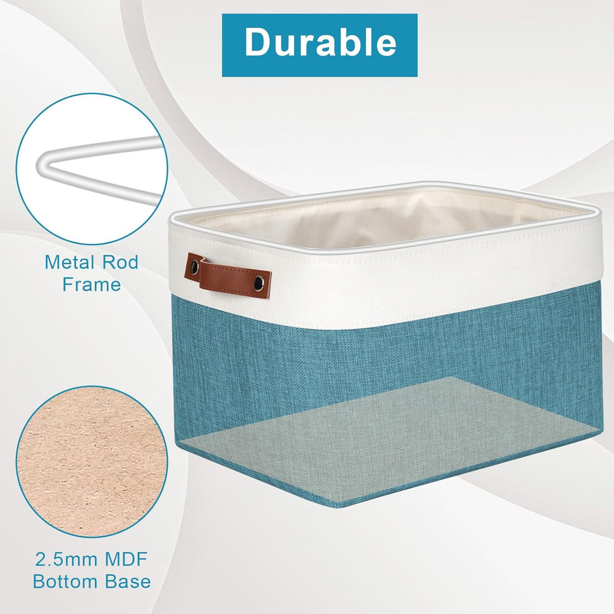Storage Bins Large Fabric Storage Baskets for Shelves 3 Pack, Decorative Linen Closet Baskets with Handles for Organizing, Shelf, Clothes, Home, Office, 15x11x9.5Inches (Teal&White)